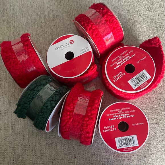 CELEBRATE IT Wired Ribbon Fuzzy Soft Set of 7 Red Green 2 1/2" x 9 ft Crafting - Picture 1 of 1